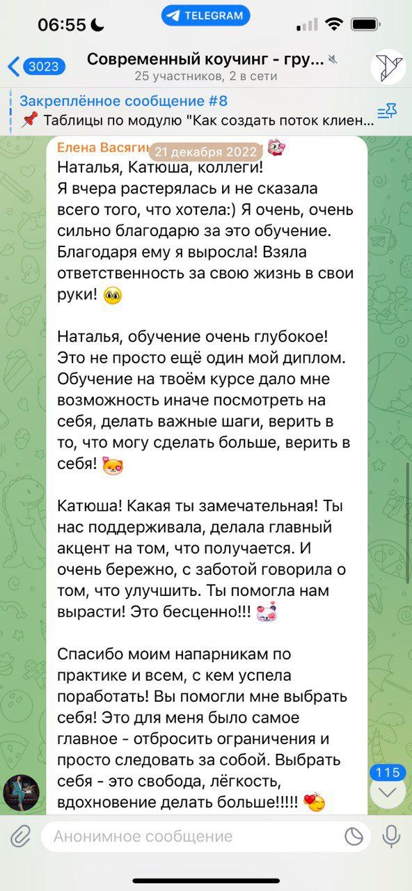 Скриншот отзыва студентки в чате курса